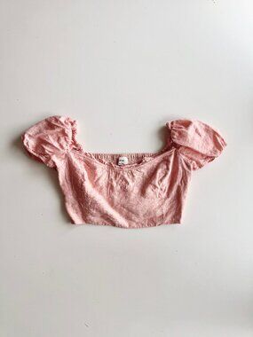 Aritzia WILFRED Wander Coral Linen Cropped Puff Sleeve Bustier Blouse, Size M